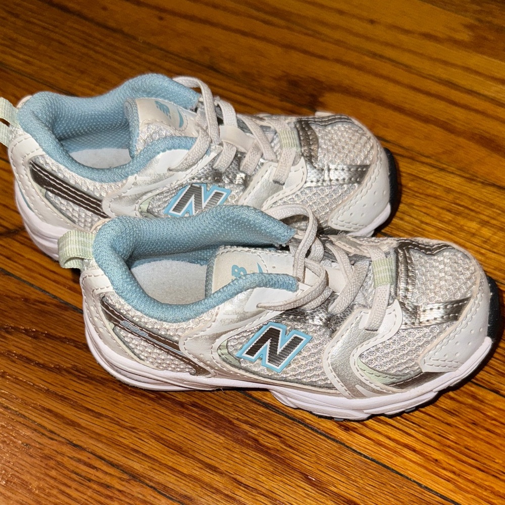 New Balance Kids' Silver and Light Blue Sneakers